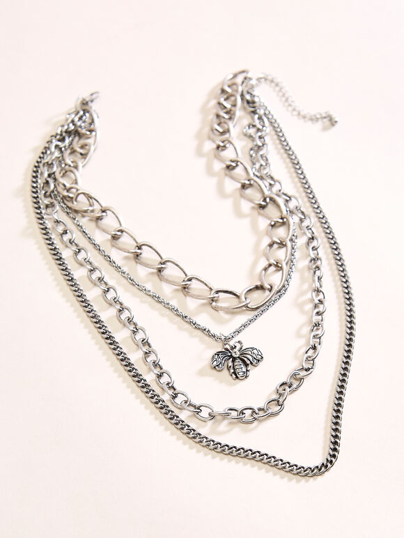 Silver Tone Multi Chain Bee Necklace, Silver, large
