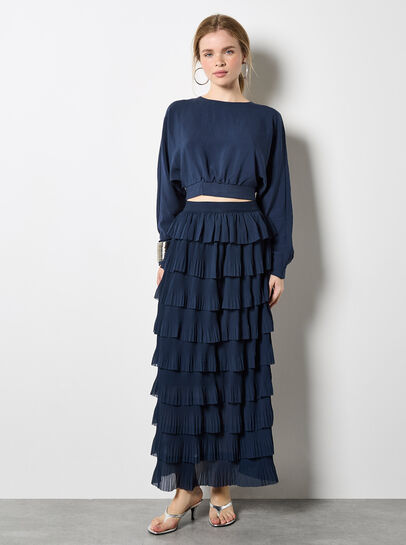 Plisse Ruffle Tier Maxi Skirt