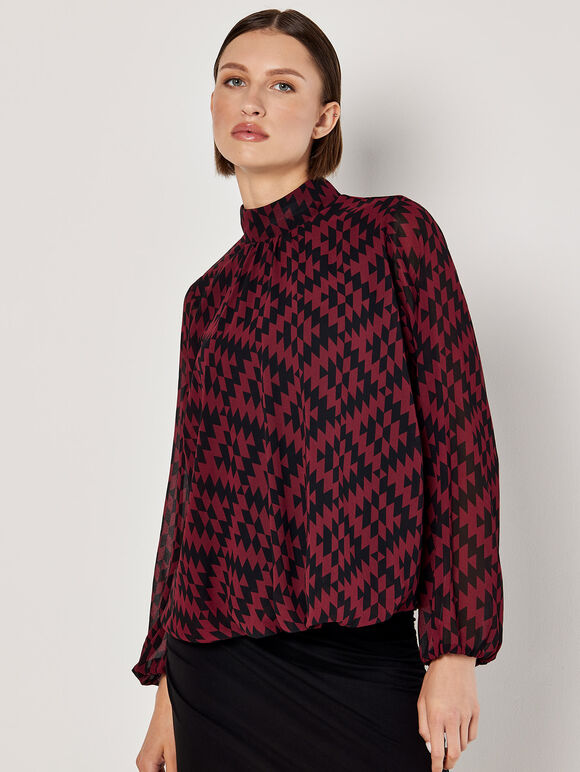 Geo Diamond Chiffon Blouse, Burgundy, large