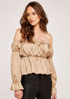 Satin Ruffle Bardot Top, Stone, large