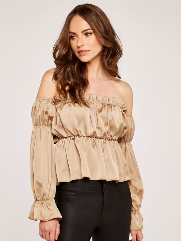 Satin Ruffle Bardot Top, Stone, large