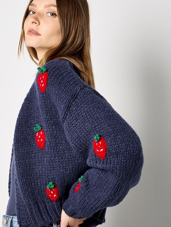 Chunky Knit Strawberry Cardigan, Navy, large