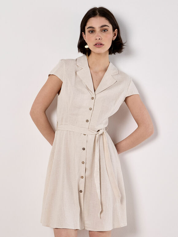 Linen Blend Shirt Mini Dress, Stone, large