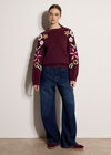 Embroidered Floral Sleeve Chunky Knit Jumper, Burgundy, large