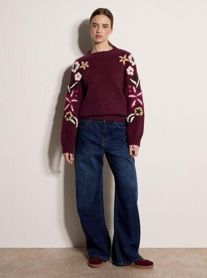 Embroidered Floral Sleeve Chunky Knit Jumper