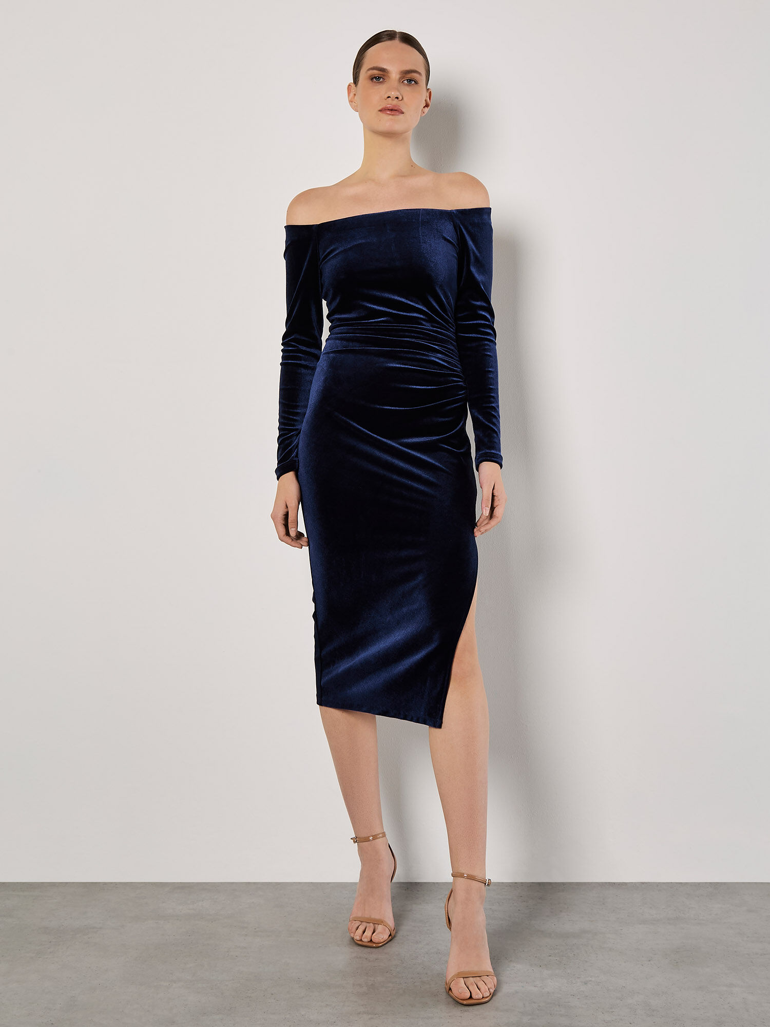 Bardot Velvet Midi Dress Apricot Clothing