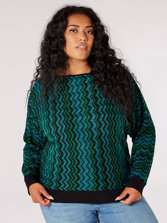 Curve Chevron-Strickpullover, Blaugrün, groß