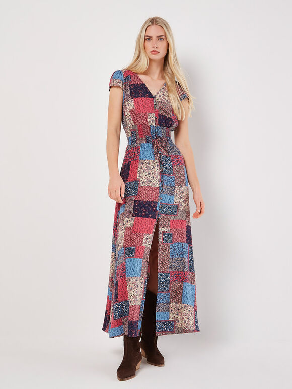 Robe Maxi Patchwork à Taille Smockée, Rose, grand