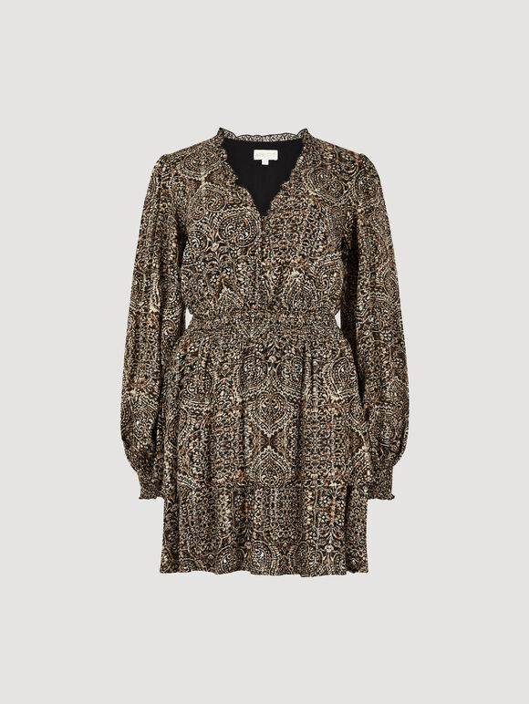 Batik Print Tiered Mini Dress, Rust, large