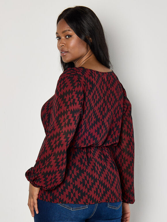 Curve Geo Print Chiffon Blouse, Burgundy, large