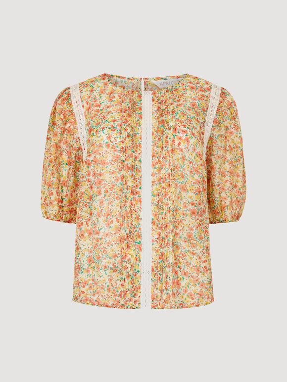 Blouse plissée en dentelle florale, crème, grand