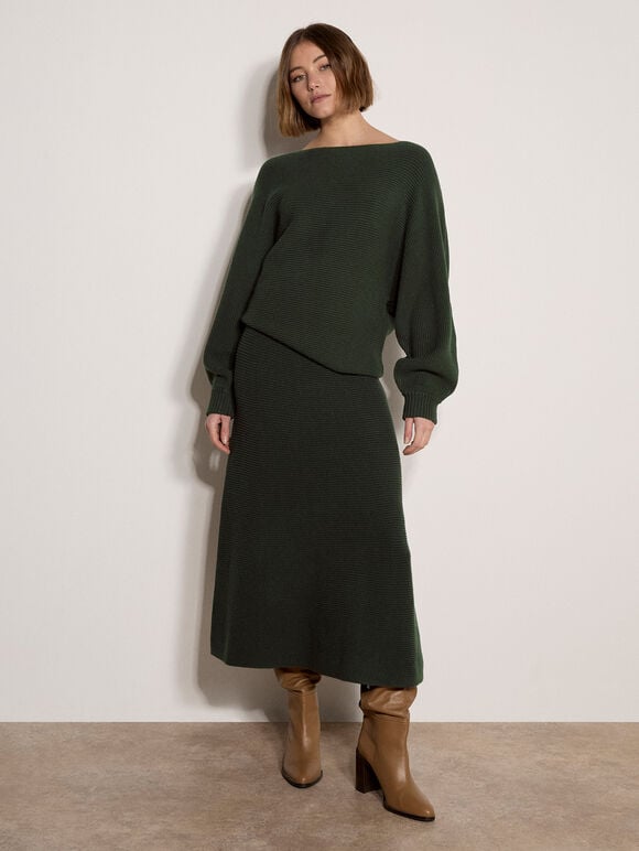 Ribbed Knit Batwing Jumper, Green, large