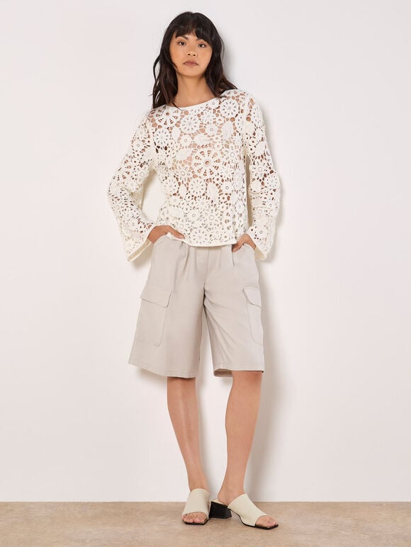 Floral Crochet Bell Sleeve Top, White, large