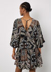Satin Scarf Print Kaftan Mini Dress, Black, large
