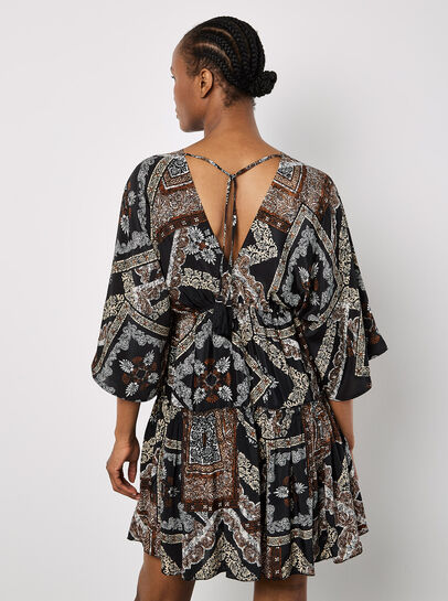 Satin Scarf Print Kaftan Mini Dress