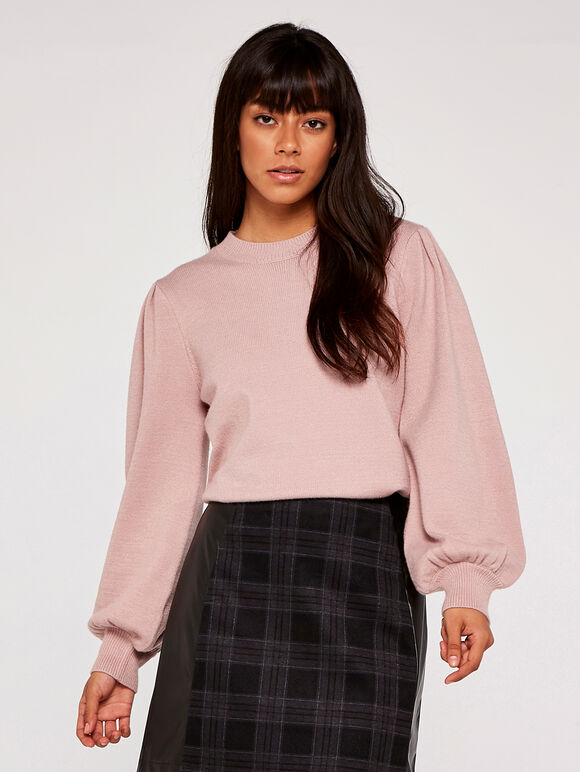 Volume Sleeve Crew Neck Jumper, Pink, large