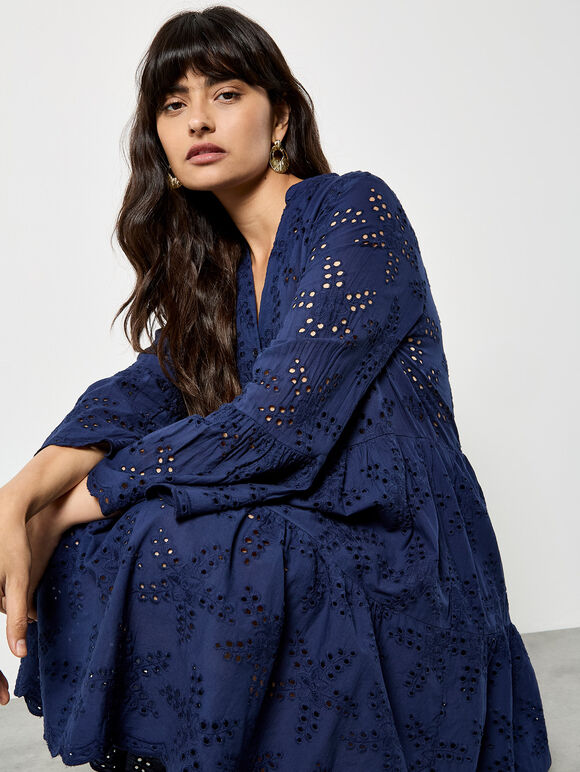 Broderie Anglaise Tiered Mini Dress, Navy, large