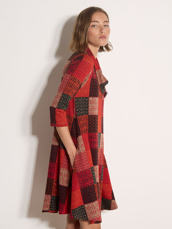 Textured Check Knit Midi Dress, Red, large