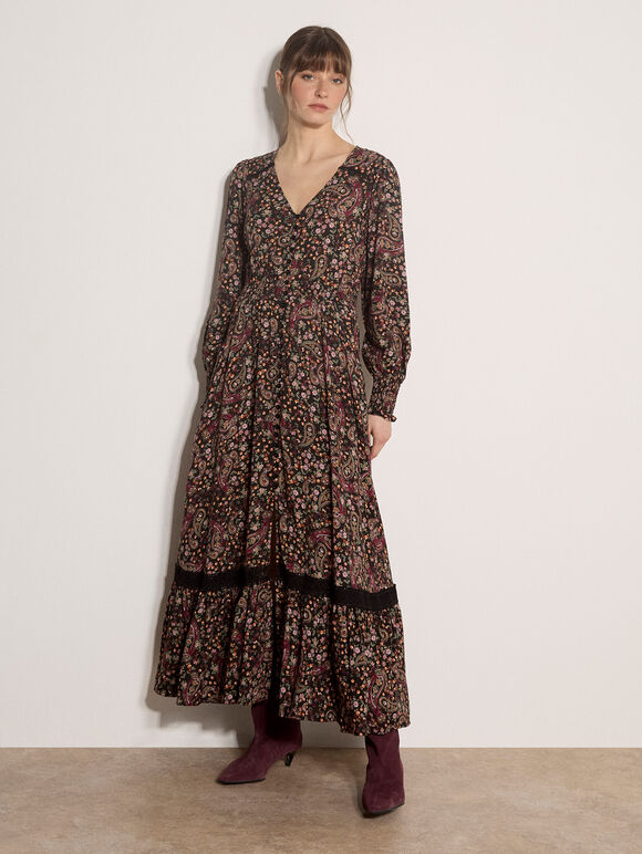 Paisley Floral Maxi Dress, Black, large