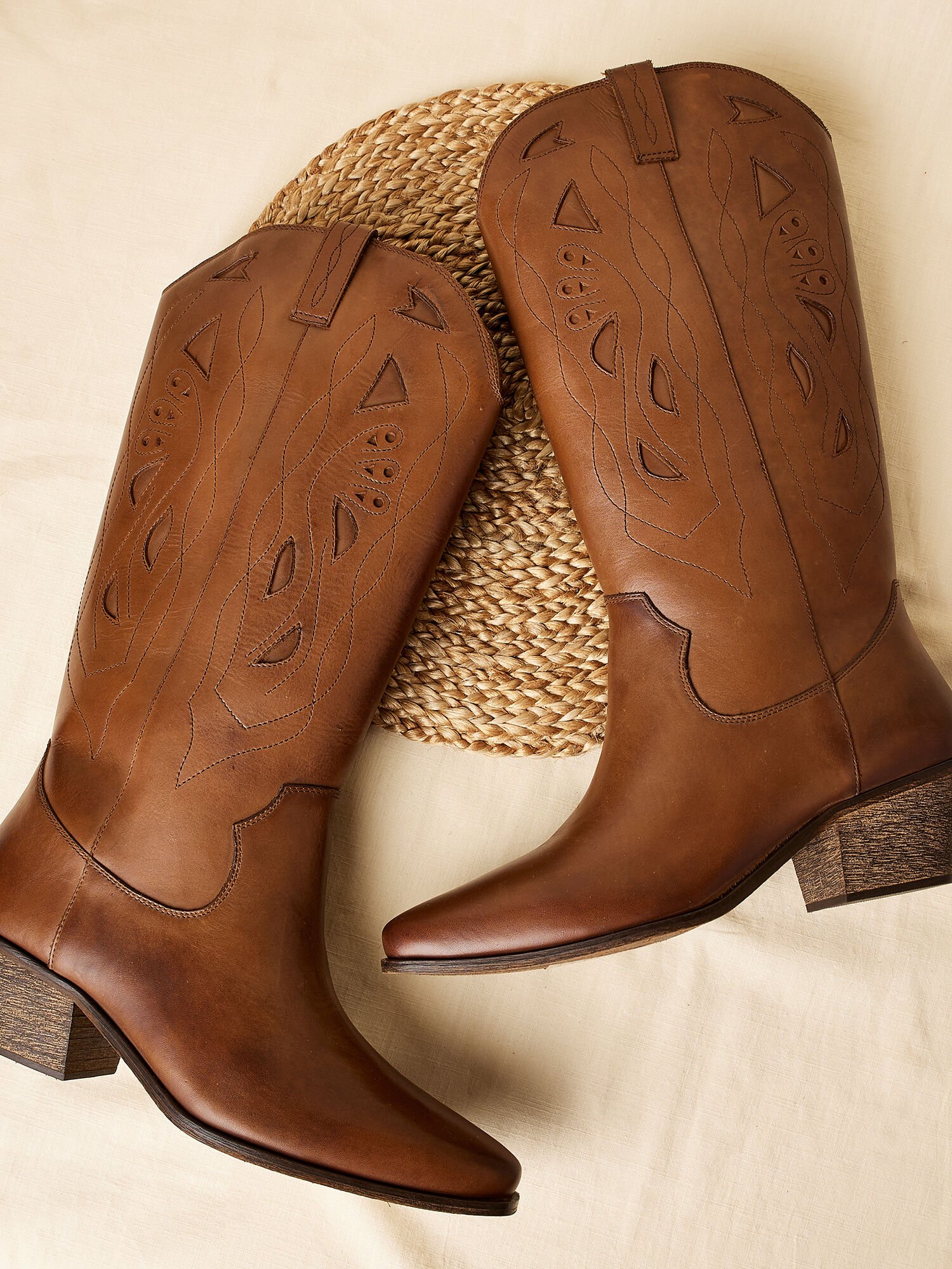 Tall Leather Cowboy Boots Apricot Clothing