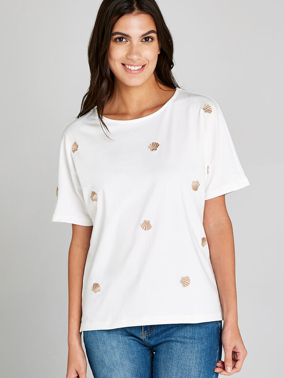 Cream Embroidered Seashell T-shirt, Cream, large