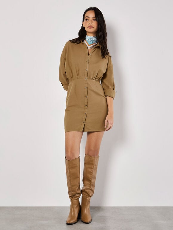 Fitted Twill Shirt Mini Dress, Stone, large