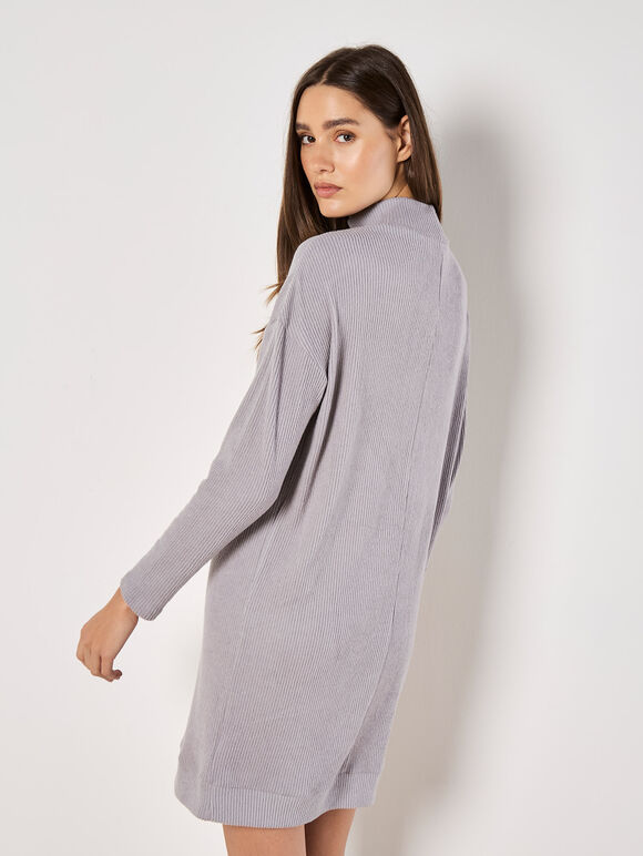 Ribbed Knit Mini Dress, Grey, large