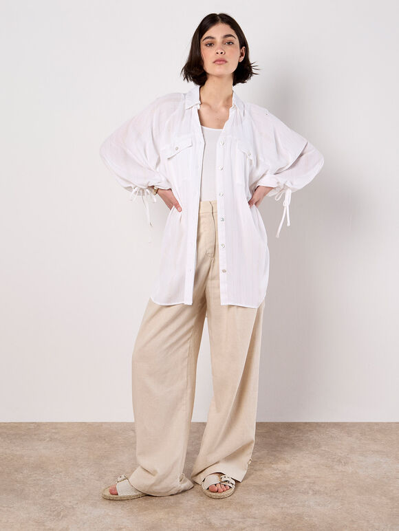 Oversized Longline Shimmer Shirt, White, large
