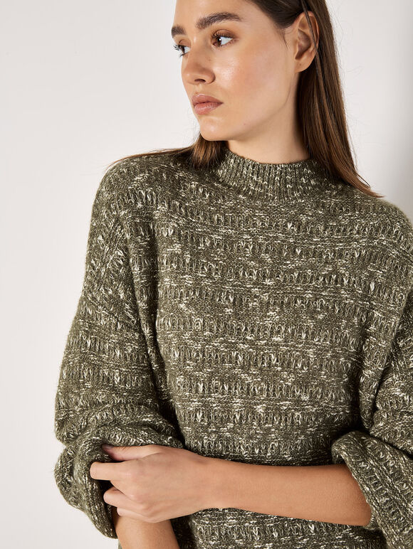 Flecked Knit Jumper Mini Dress, Khaki, large