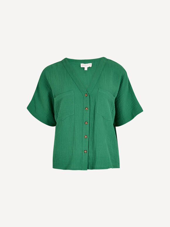 Textured V-Neck Blouse, Green, large