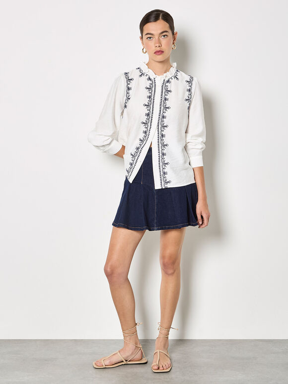 Ruffle Collar Embroidered Blouse, White, large