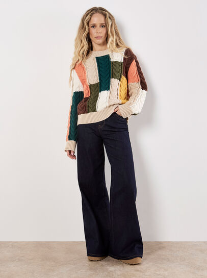 Colour Block Chunky Knit Cable Jumper