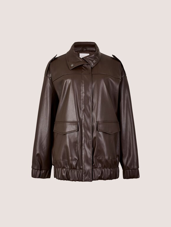 Oversized Faux Leather Jacket, Brown, large