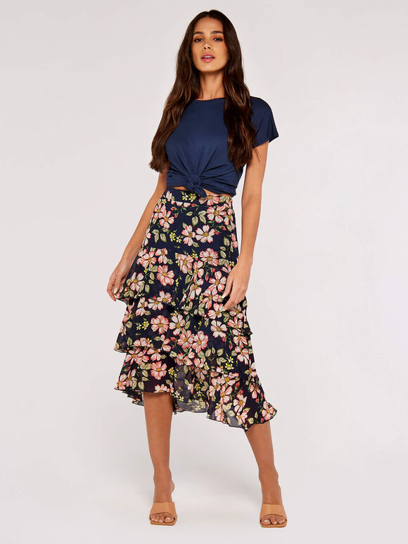 Floral Chiffon Midi Skirt, Navy, large