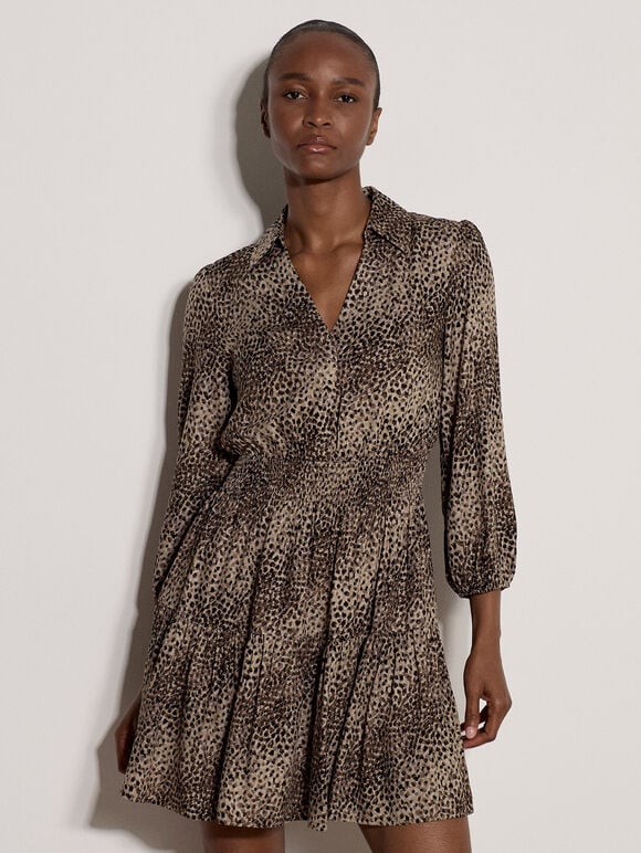 Blurred Spot Shirt Mini Dress, Mocha, large