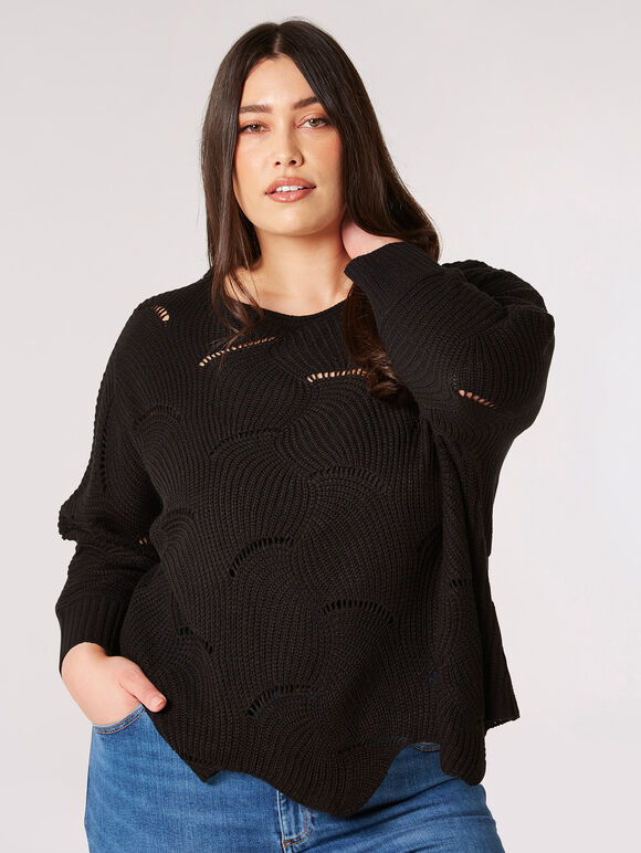 Curve Swirl Knit Batwing Jumper, Black, large