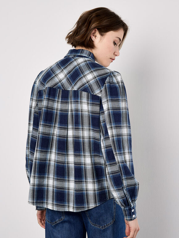 Washed Check Western Shirt, Blue, large