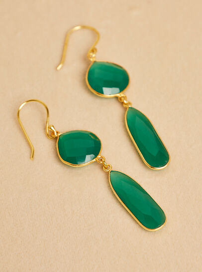 Gold Tone Green Stone Drop Earrings