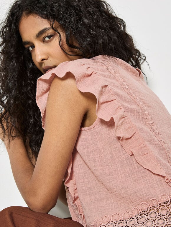 Ruffle Embroidered Cotton Top, Pink, large