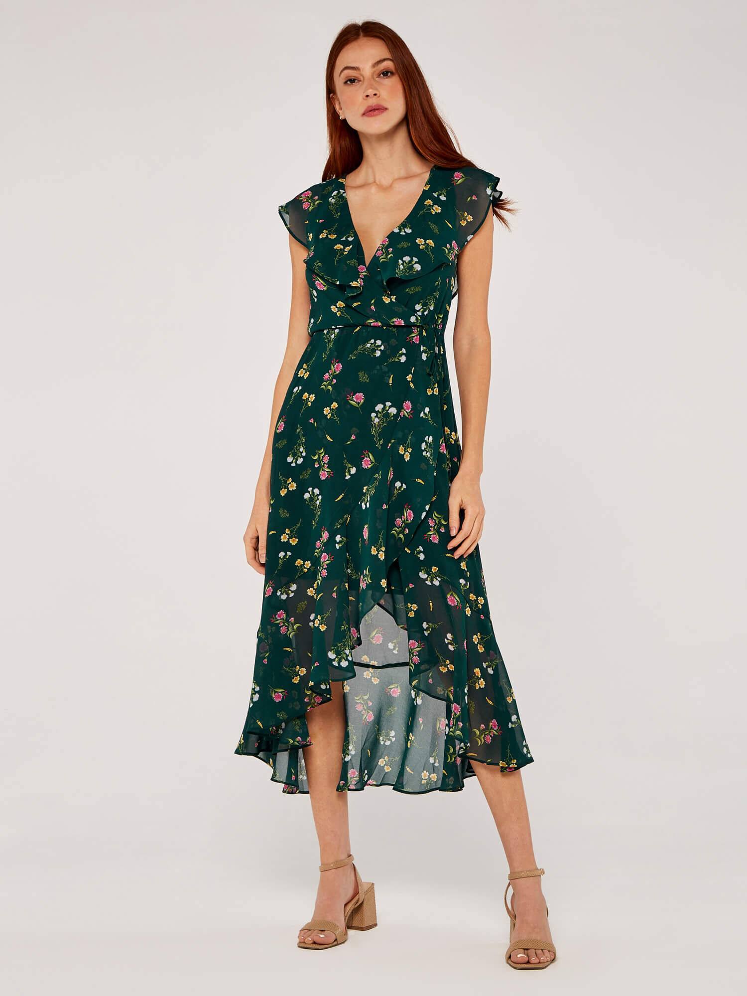 Botanical Wrap Midi Dress Apricot Clothing