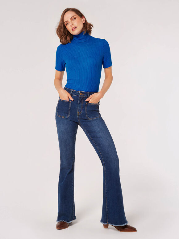 Roll Neck Waffle T-Shirt, Blue, large
