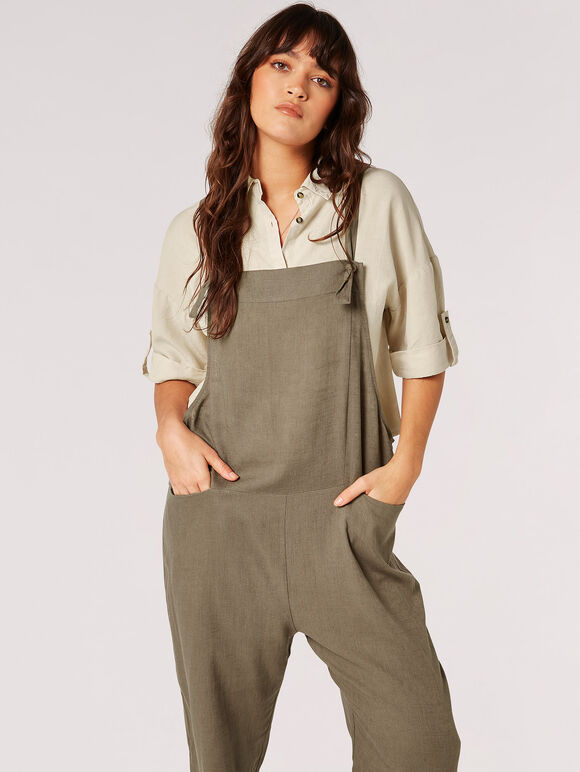 Linen Blend Relaxed Fit Dungarees, Khaki, large