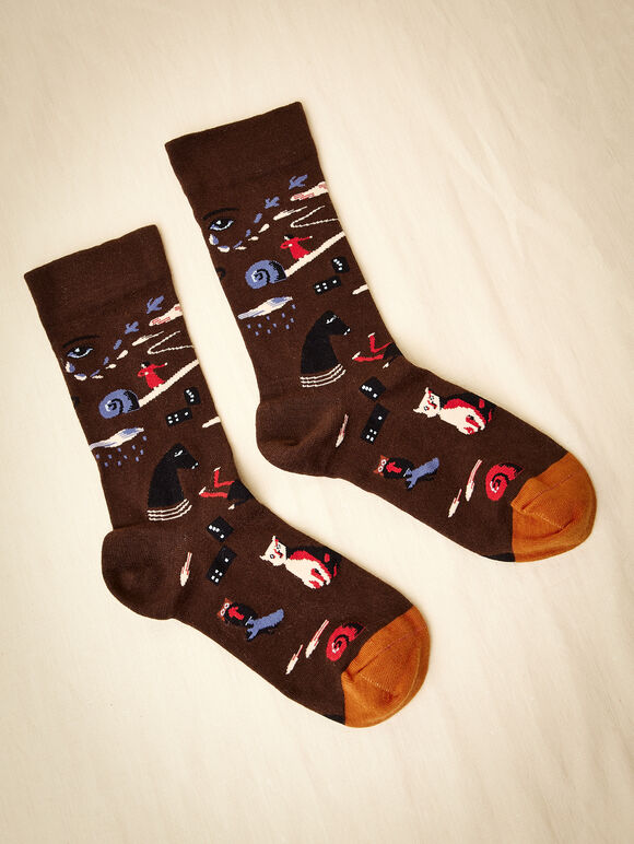 Après Print Cotton Socks, Brown, large