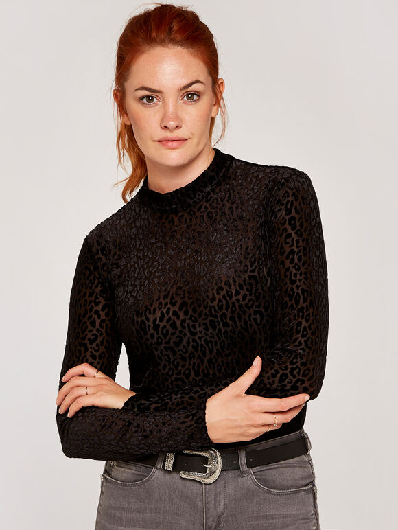 Leopard Devore Mock Neck Top, Black, large