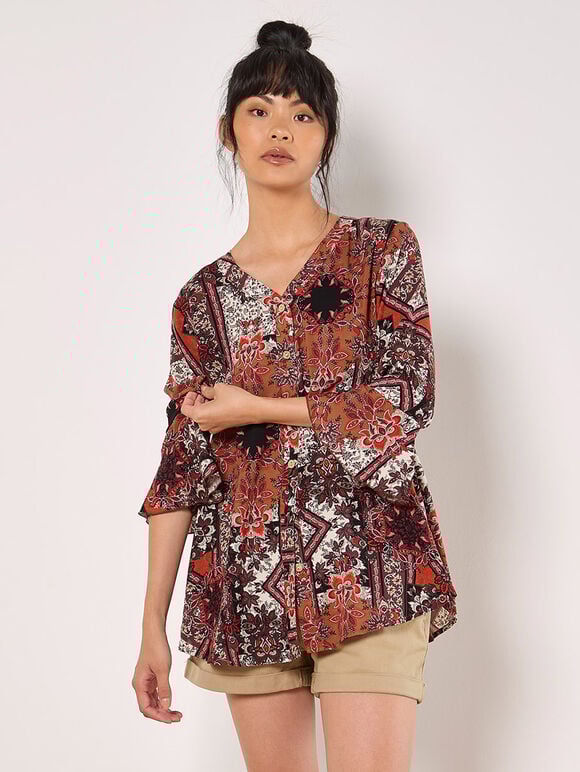 Patchwork Scarf Print Blouse, Orange, large