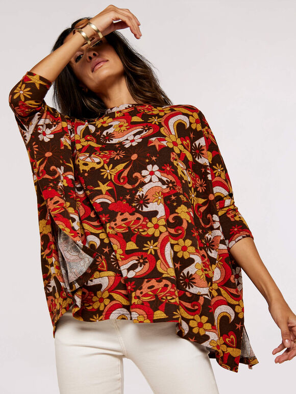 Psychedelic Mushroom Oversized Top, Brown, large