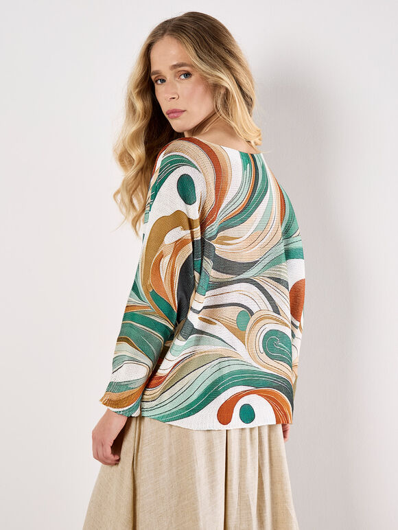 Swirl Print Shimmer Knit Top, Green, large