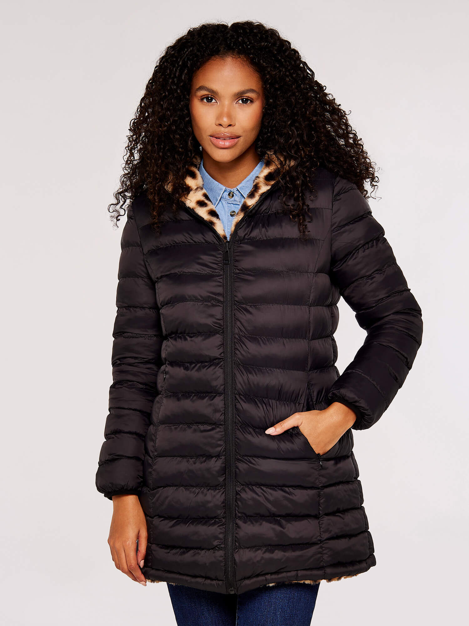 Black faux fur reversible puffer jacket store