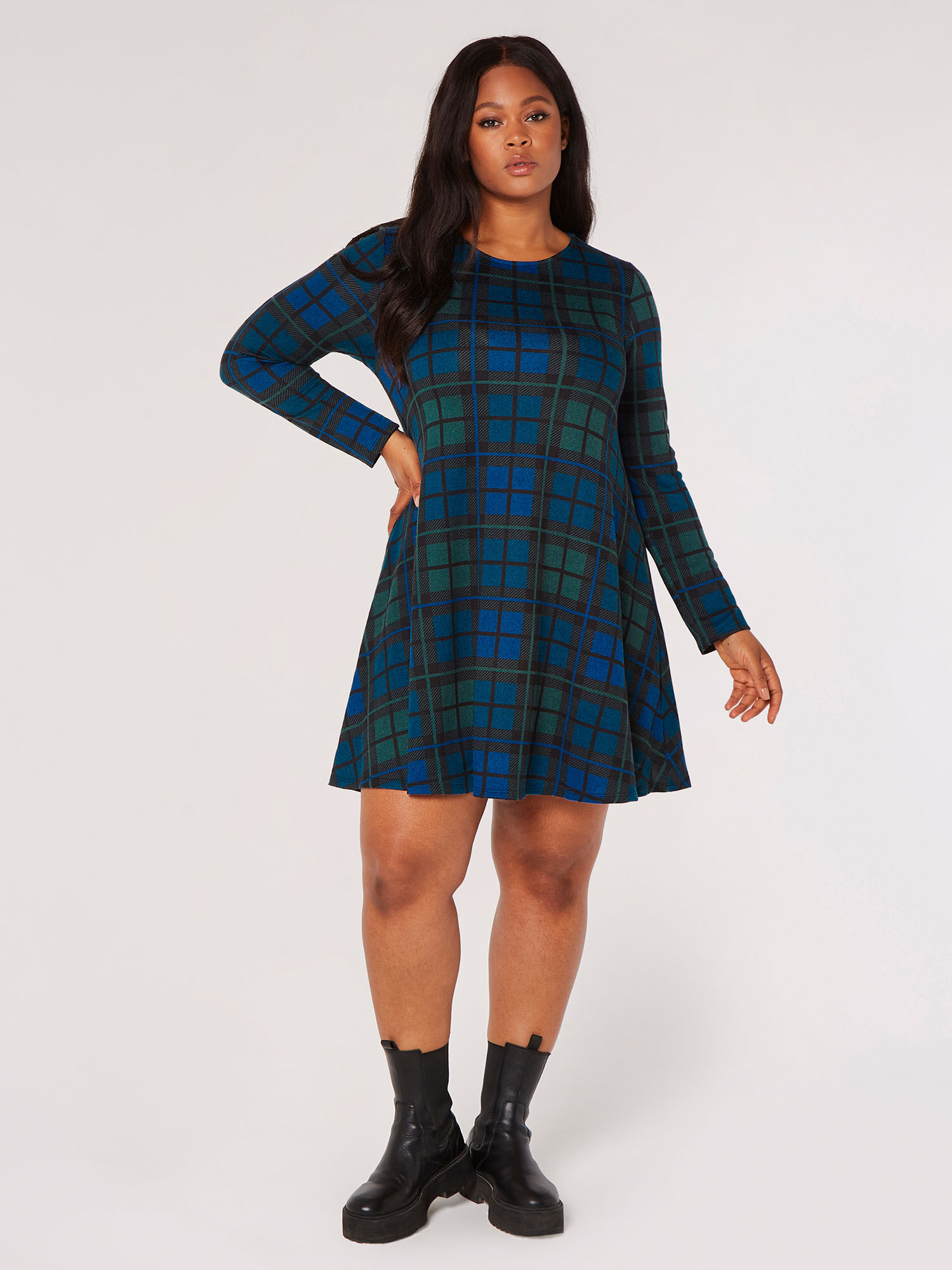 Curve Check Swing Mini Dress Apricot Clothing