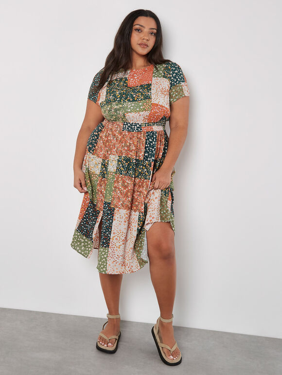 Curve Ditsy Patchwork Print Midi Dress, Green, large